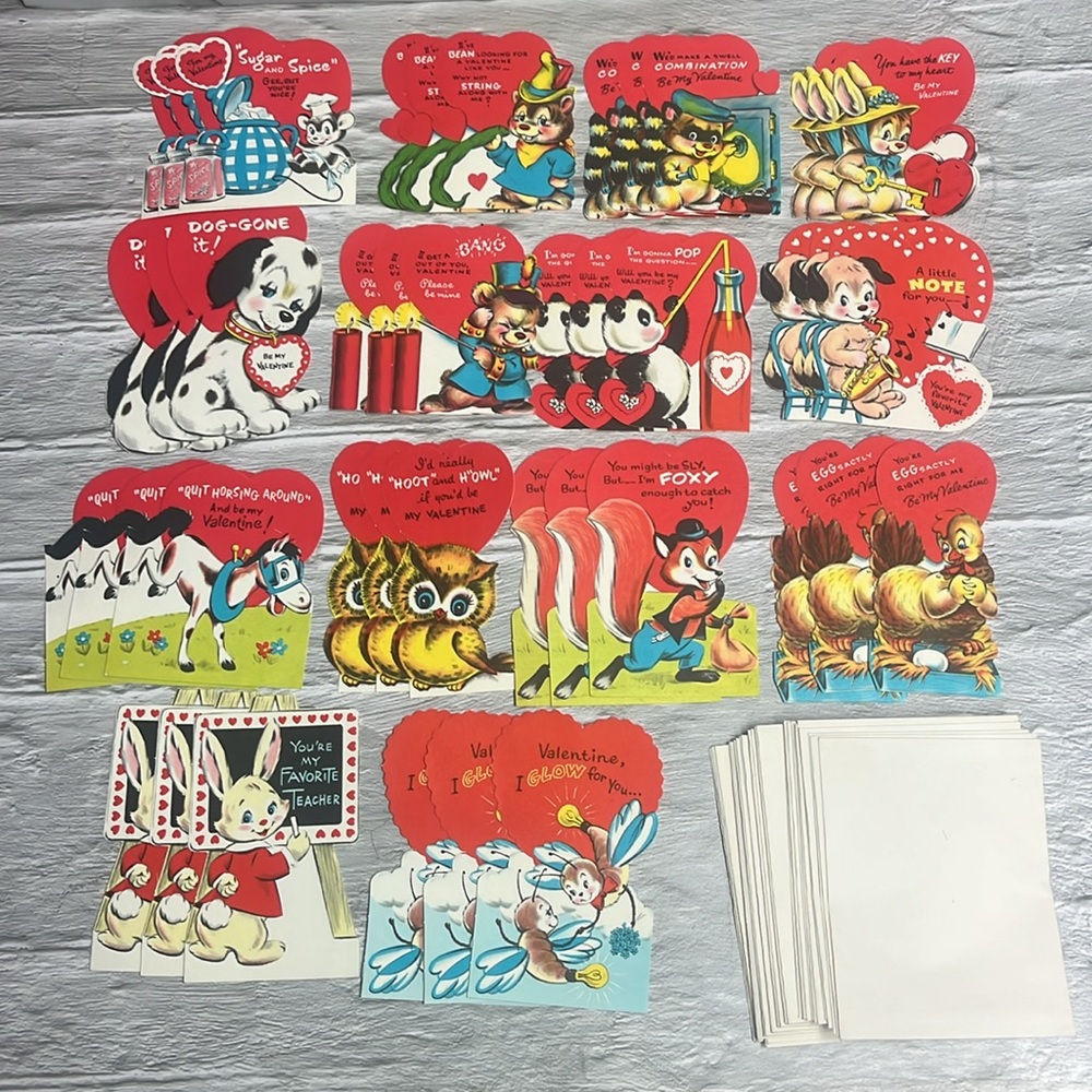 Vintage Lot of 42 Unused 1950s Kids Valentine Cards Animals W/Envelopes
